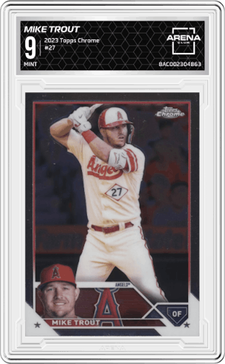 Mike Trout from the 2023 Topps Chrome set graded by Arena Club and given an overall grade of 9.