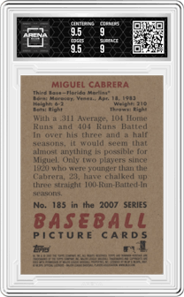 Miguel Cabrera from the 2007 Bowman Heritage set featuring a Rainbow Foil parallel graded by Arena Club and given an overall grade of 9.5.
