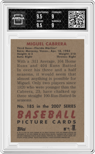Miguel Cabrera from the 2007 Bowman Heritage set featuring a Rainbow Foil parallel graded by Arena Club and given an overall grade of 9.5.