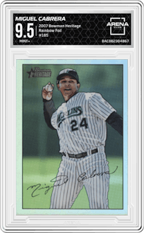 Miguel Cabrera from the 2007 Bowman Heritage set featuring a Rainbow Foil parallel graded by Arena Club and given an overall grade of 9.5.