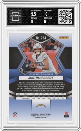 Justin Herbert from the 2022 Panini Mosaic set graded by Arena Club and given an overall grade of 6.5.
