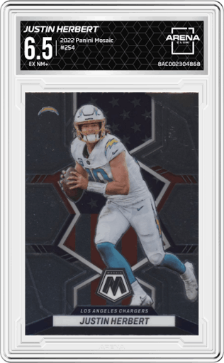 Justin Herbert from the 2022 Panini Mosaic set graded by Arena Club and given an overall grade of 6.5.