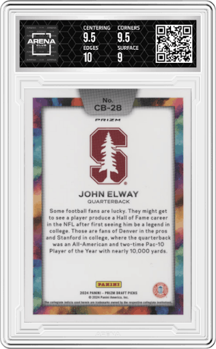 John Elway from the 2024 Panini Prizm Draft Picks set graded by Arena Club and given an overall grade of 9.5.