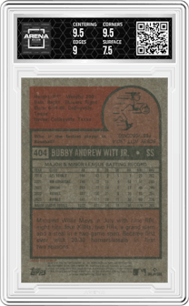 Bobby Witt Jr. from the 2024 Topps Heritage set featuring a Chrome Blue Sparkle Refractor parallel graded by Arena Club and given an overall grade of 8.