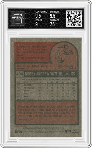 Bobby Witt Jr. from the 2024 Topps Heritage set featuring a Chrome Blue Sparkle Refractor parallel graded by Arena Club and given an overall grade of 8.