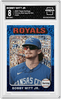 Bobby Witt Jr. from the 2024 Topps Heritage set featuring a Chrome Blue Sparkle Refractor parallel graded by Arena Club and given an overall grade of 8.