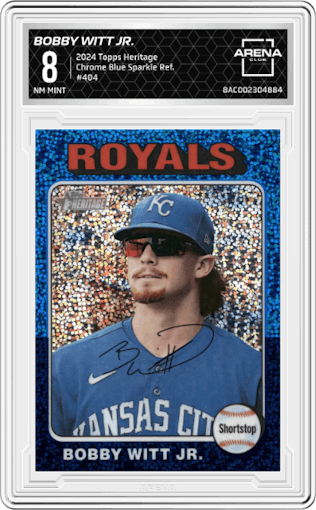 Bobby Witt Jr. from the 2024 Topps Heritage set featuring a Chrome Blue Sparkle Refractor parallel graded by Arena Club and given an overall grade of 8.