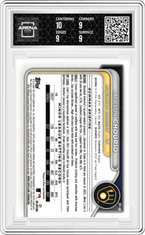 Jackson Chourio from the 2024 Bowman Mega Box set featuring a Pink Refractor parallel graded by Arena Club and given an overall grade of 9.5.