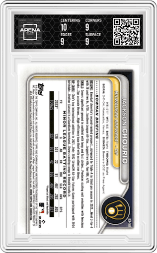 Jackson Chourio from the 2024 Bowman Mega Box set featuring a Pink Refractor parallel graded by Arena Club and given an overall grade of 9.5.