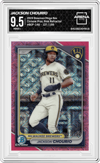 Jackson Chourio from the 2024 Bowman Mega Box set featuring a Pink Refractor parallel graded by Arena Club and given an overall grade of 9.5.