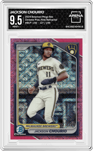 Jackson Chourio from the 2024 Bowman Mega Box set featuring a Pink Refractor parallel graded by Arena Club and given an overall grade of 9.5.