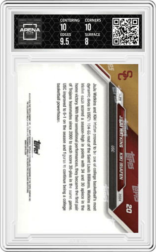 JuJu Watkins/Kiki Iriafen from the 2024-25 Bowman U Now set featuring a Blue parallel graded by Arena Club and given an overall grade of 8.5.