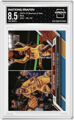 JuJu Watkins/Kiki Iriafen from the 2024-25 Bowman U Now set featuring a Blue parallel graded by Arena Club and given an overall grade of 8.5.