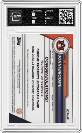 Johni Broome from the 2023-24 Bowman U Chrome set graded by Arena Club and given an overall grade of 9.