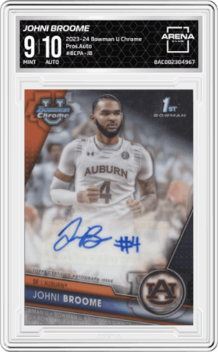 Johni Broome from the 2023-24 Bowman U Chrome set graded by Arena Club and given an overall grade of 9.
