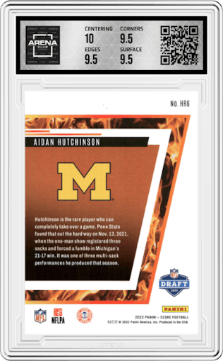 Aidan Hutchinson from the 2022 Panini Score set graded by Arena Club and given an overall grade of 10.