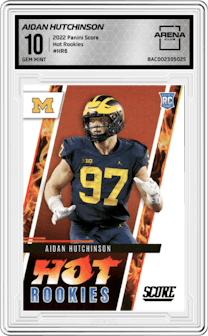 Aidan Hutchinson from the 2022 Panini Score set graded by Arena Club and given an overall grade of 10.