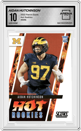 Aidan Hutchinson from the 2022 Panini Score set graded by Arena Club and given an overall grade of 10.