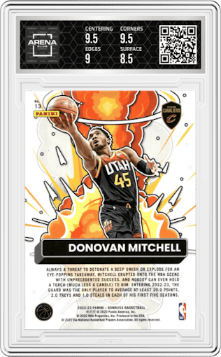 Donovan Mitchell from the 2022-23 Panini Donruss set featuring a Holo Laser Purple parallel graded by Arena Club and given an overall grade of 9.