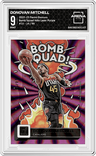 Donovan Mitchell from the 2022-23 Panini Donruss set featuring a Holo Laser Purple parallel graded by Arena Club and given an overall grade of 9.