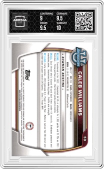 Caleb Williams from the 2022 Bowman University Chrome set featuring a Pink Refractor parallel graded by Arena Club and given an overall grade of 9.5.