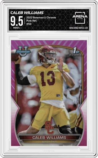 Caleb Williams from the 2022 Bowman University Chrome set featuring a Pink Refractor parallel graded by Arena Club and given an overall grade of 9.5.
