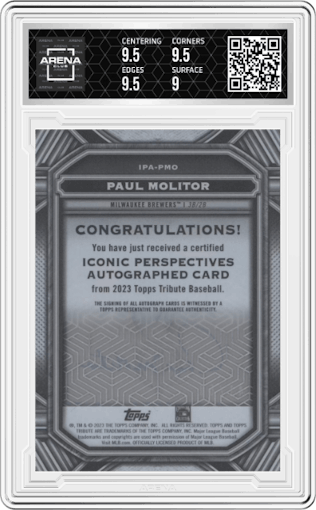 Paul Molitor from the 2023 Topps Tribute set graded by Arena Club and given an overall grade of 9.5.