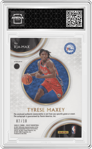 Tyrese Maxey from the 2020-21 Panini Select  set featuring a Gold Prizm parallel graded by Arena Club.