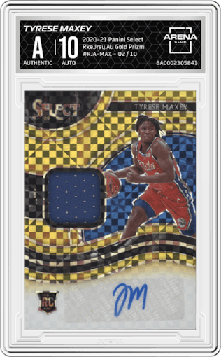 Tyrese Maxey from the 2020-21 Panini Select  set featuring a Gold Prizm parallel graded by Arena Club.