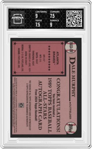 Dale Murphy from the 2024 Topps Update set featuring a Platinum parallel graded by Arena Club and given an overall grade of 8.