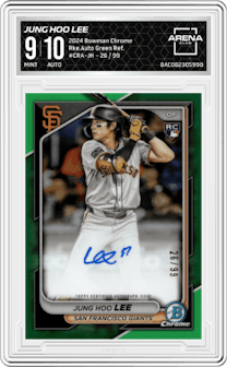 Jung Hoo Lee from the 2024 Bowman Chrome set featuring a Green Refractor parallel graded by Arena Club and given an overall grade of 9.