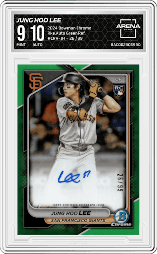 Jung Hoo Lee from the 2024 Bowman Chrome set featuring a Green Refractor parallel graded by Arena Club and given an overall grade of 9.