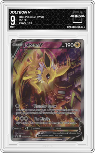 Jolteon V from the 2021 Pokemon SWSH set graded by Arena Club and given an overall grade of 9.