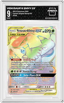 Venusaur & Snivy GX from the 2019 Pokemon S&M  set graded by Arena Club and given an overall grade of 9.