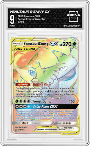 Venusaur & Snivy GX from the 2019 Pokemon S&M  set graded by Arena Club and given an overall grade of 9.