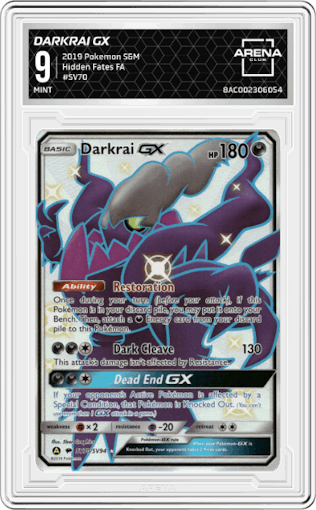 Darkrai GX from the 2019 Pokemon S&M  set graded by Arena Club and given an overall grade of 9.