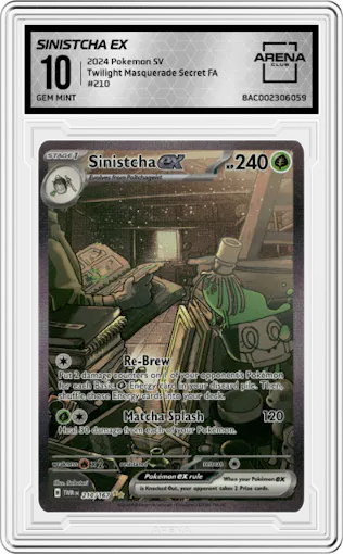 Sinistcha ex from the 2024 Pokemon SV set graded by Arena Club and given an overall grade of 10.