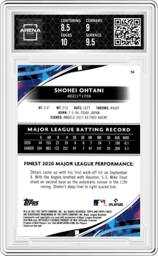 Shohei Ohtani from the 2021 Topps Finest set featuring a Purple Refractor parallel graded by Arena Club and given an overall grade of 9.