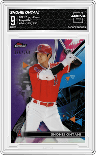 Shohei Ohtani from the 2021 Topps Finest set featuring a Purple Refractor parallel graded by Arena Club and given an overall grade of 9.