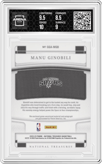 Manu Ginobili from the 2022-23 Panini National Treasures set graded by Arena Club and given an overall grade of 9.