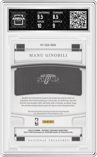 Manu Ginobili from the 2022-23 Panini National Treasures set graded by Arena Club and given an overall grade of 9.