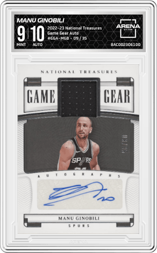 Manu Ginobili from the 2022-23 Panini National Treasures set graded by Arena Club and given an overall grade of 9.