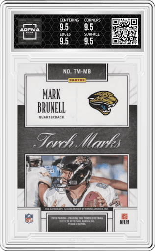 Mark Brunell from the 2019 Panini Passing the Torch set graded by Arena Club and given an overall grade of 9.5.