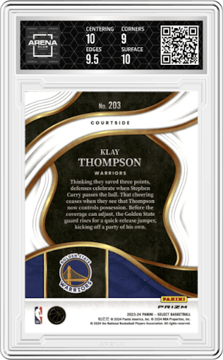 Klay Thompson from the 2023-24 Panini Select  set featuring a Elephant parallel graded by Arena Club and given an overall grade of 9.5.