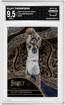 Klay Thompson from the 2023-24 Panini Select  set featuring a Elephant parallel graded by Arena Club and given an overall grade of 9.5.