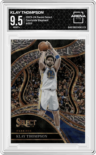 Klay Thompson from the 2023-24 Panini Select  set featuring a Elephant parallel graded by Arena Club and given an overall grade of 9.5.