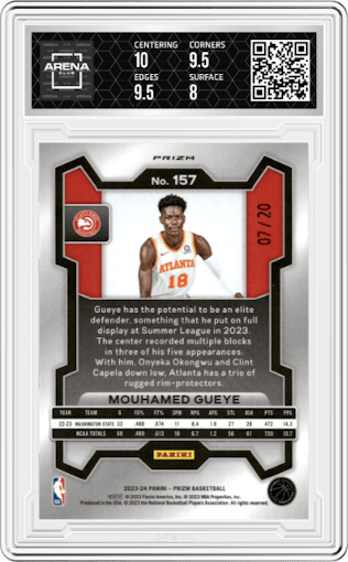 Mouhamed Gueye from the 2023-24 Panini Prizm set featuring a Fast Break Bronze parallel graded by Arena Club and given an overall grade of 8.5.