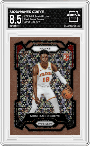 Mouhamed Gueye from the 2023-24 Panini Prizm set featuring a Fast Break Bronze parallel graded by Arena Club and given an overall grade of 8.5.