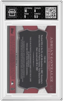 Adrian Gonzalez from the 2009 Topps Triple Threads set featuring a Platinum parallel graded by Arena Club and given an overall grade of 8.5.