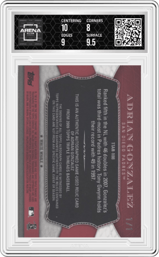 Adrian Gonzalez from the 2009 Topps Triple Threads set featuring a Platinum parallel graded by Arena Club and given an overall grade of 8.5.